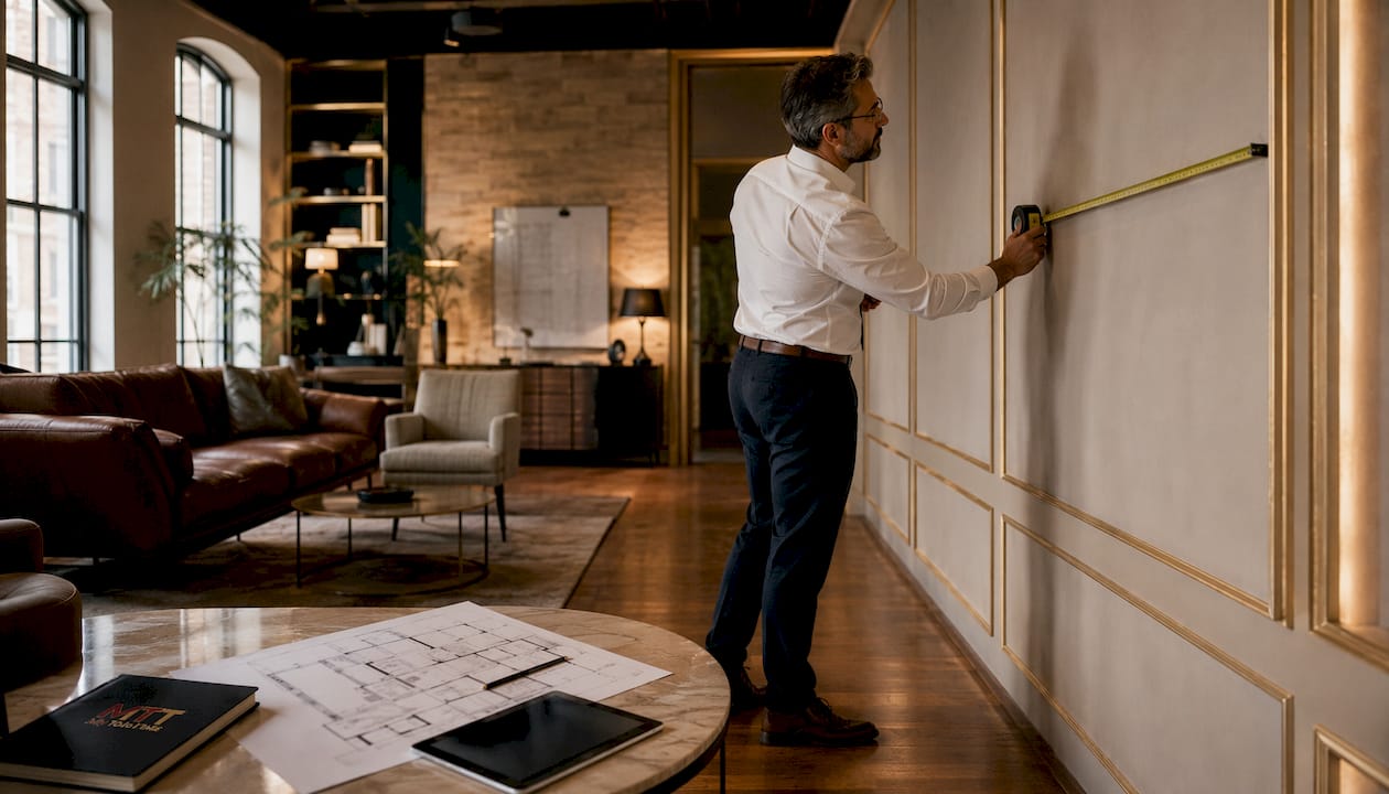 Man measuring room with floor plan
