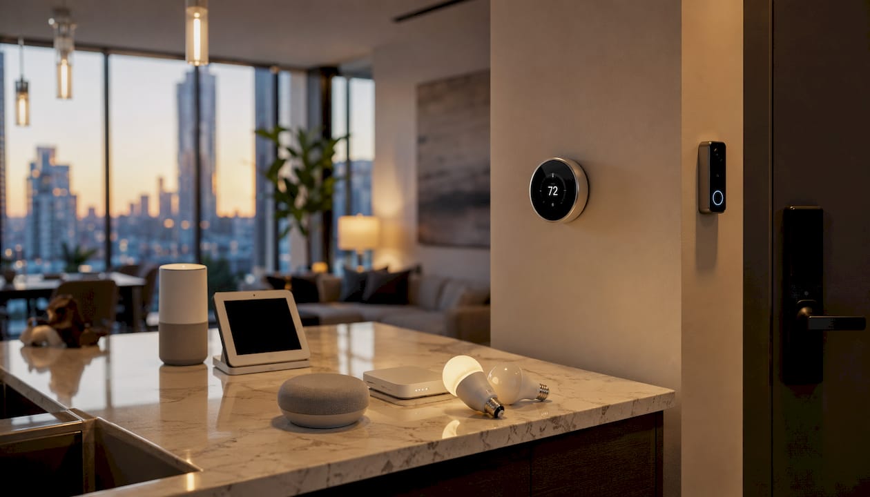 Essential smart home devices on kitchen counter