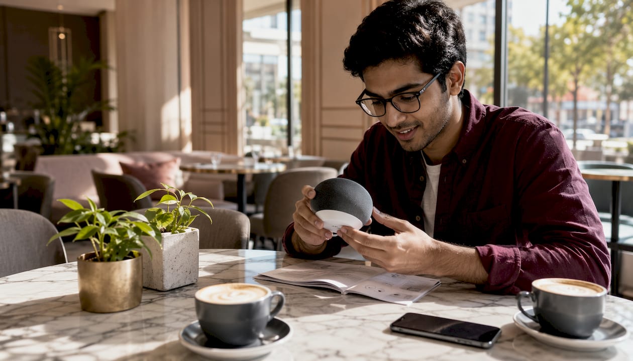 Man reviewing smart home hub in apartment