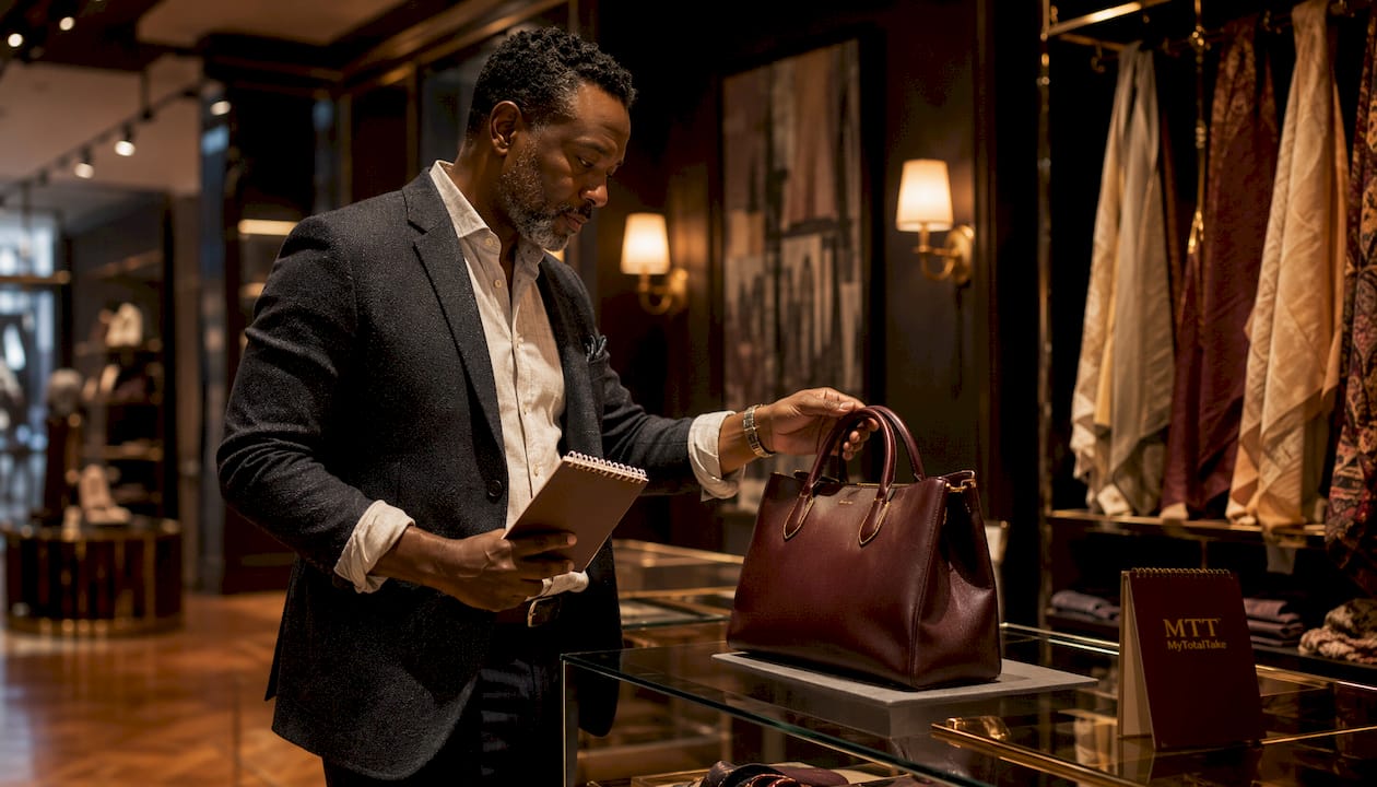 Boutique manager inspecting luxury handbag