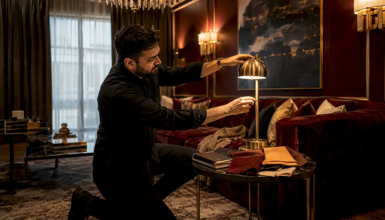 Interior designer adjusting luxurious lighting