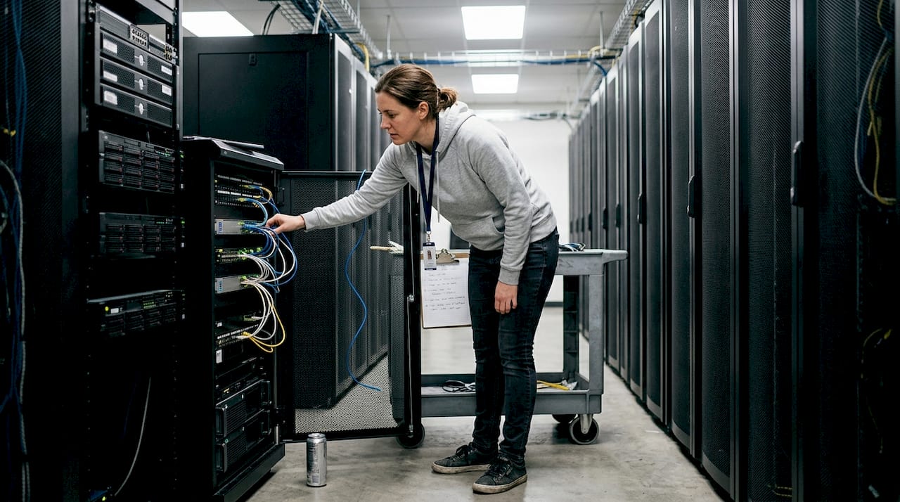 Technician optimizing server rack network connections
