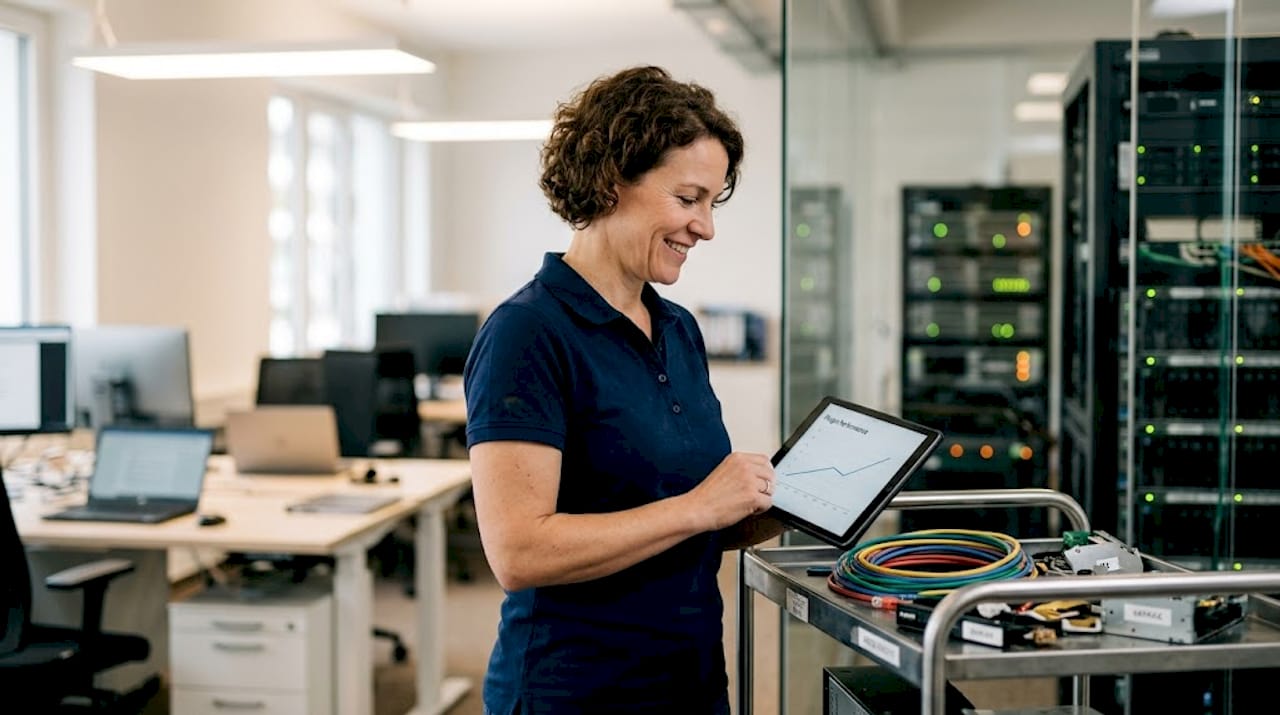 IT pro checks plugin performance in server room