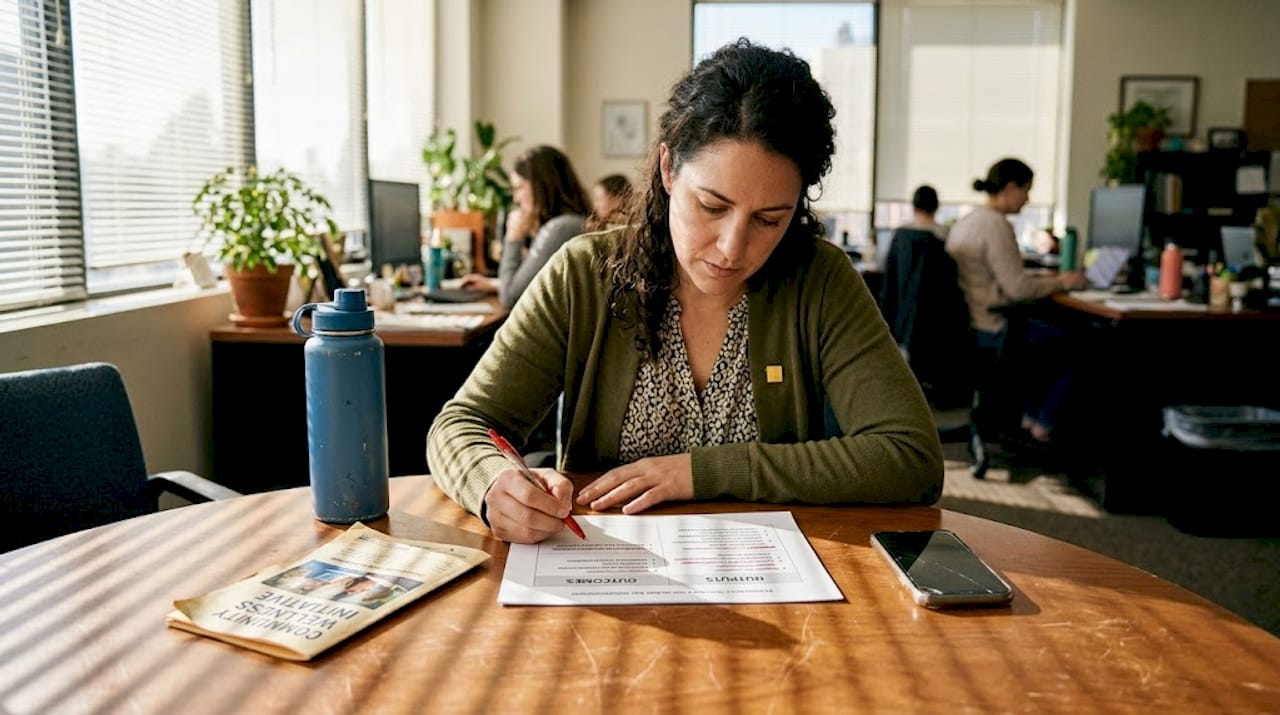 Coordinator reviewing outputs versus outcomes worksheet