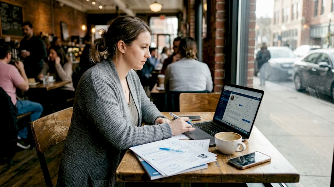 Recruiter reviewing resumes in busy café