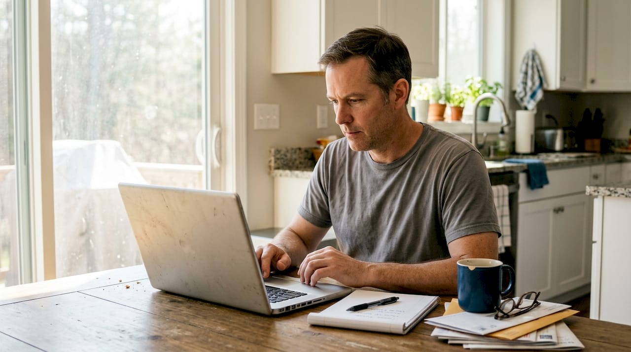 Man updating job search tracker at kitchen table