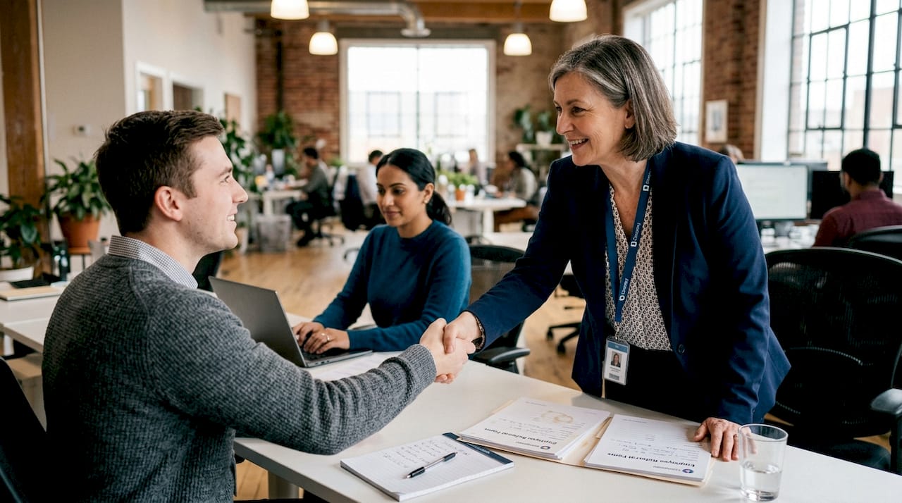 Manager greets employee for referral discussion