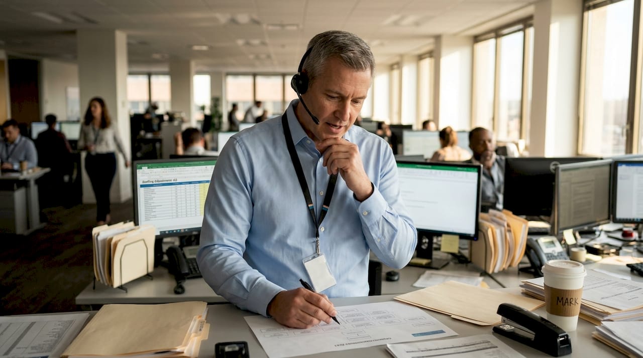 Manager reviewing staffing chart at open workspace