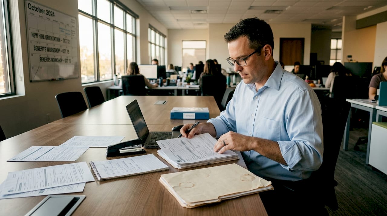 HR specialist organizing onboarding paperwork
