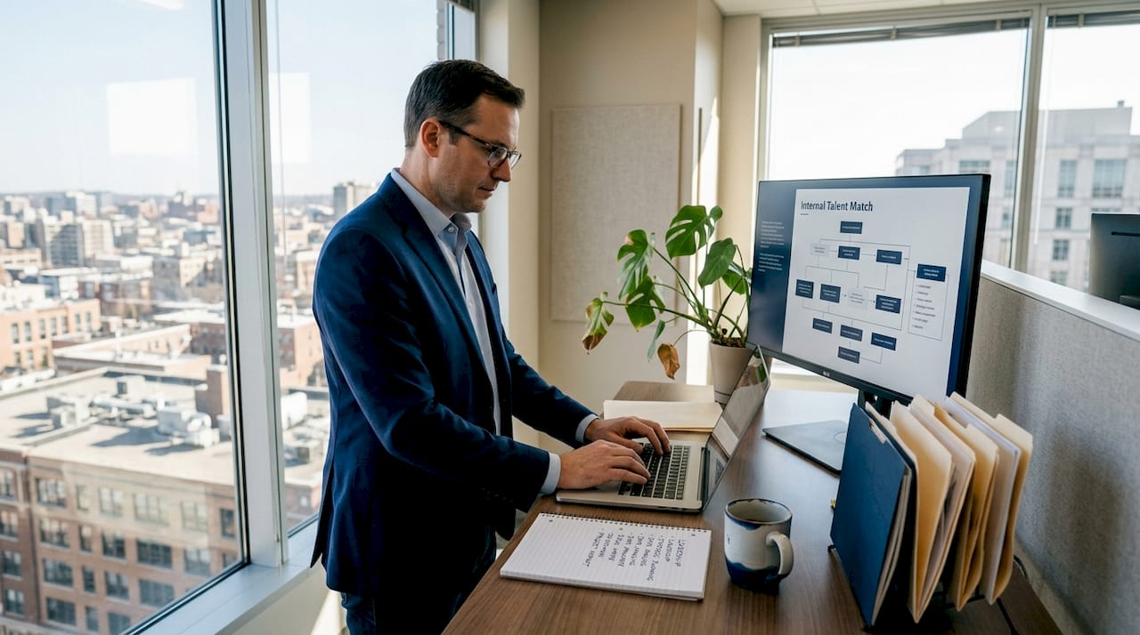 Employee updating skills in talent marketplace software