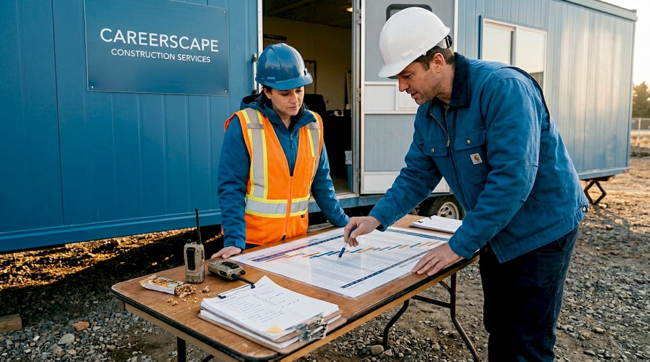Project manager and supervisor review contract timeline outdoors