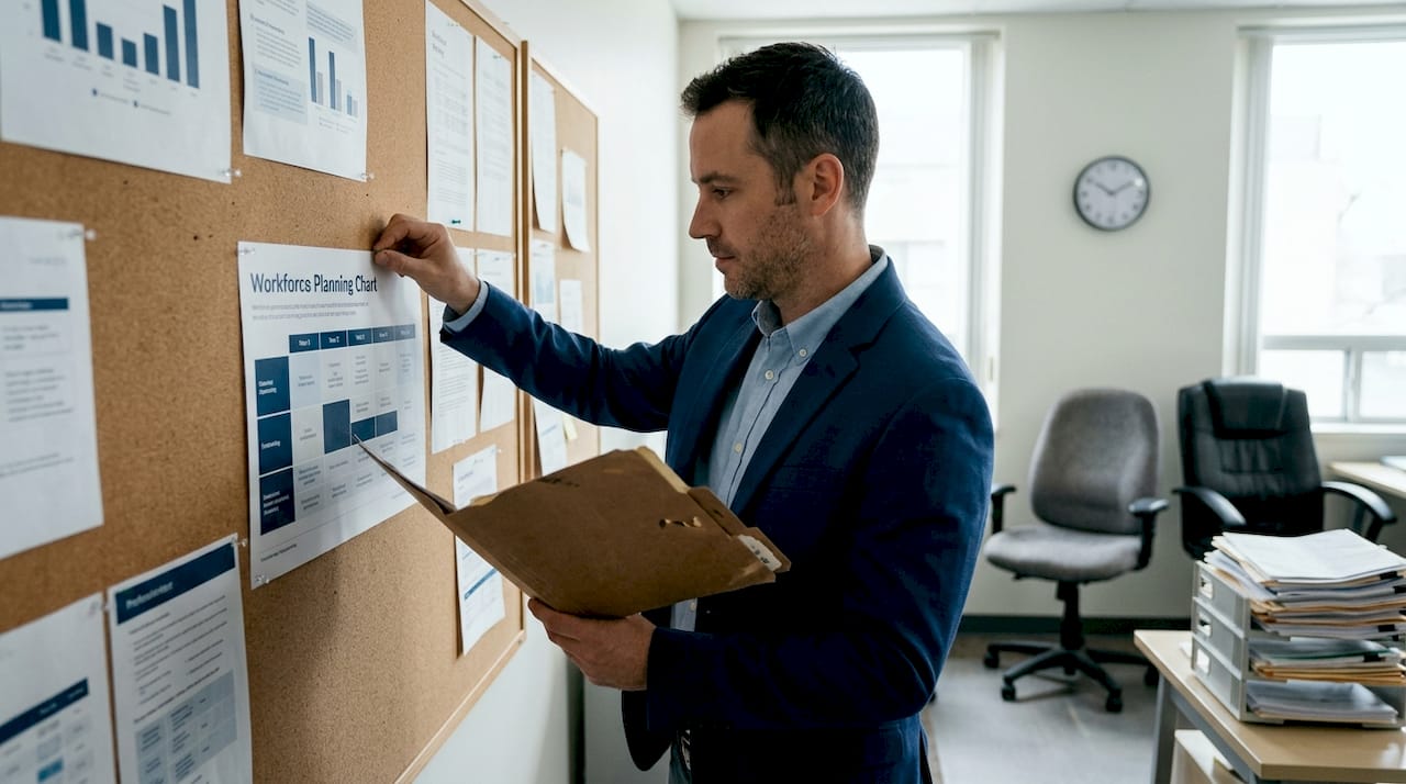 HR worker referencing workforce planning charts
