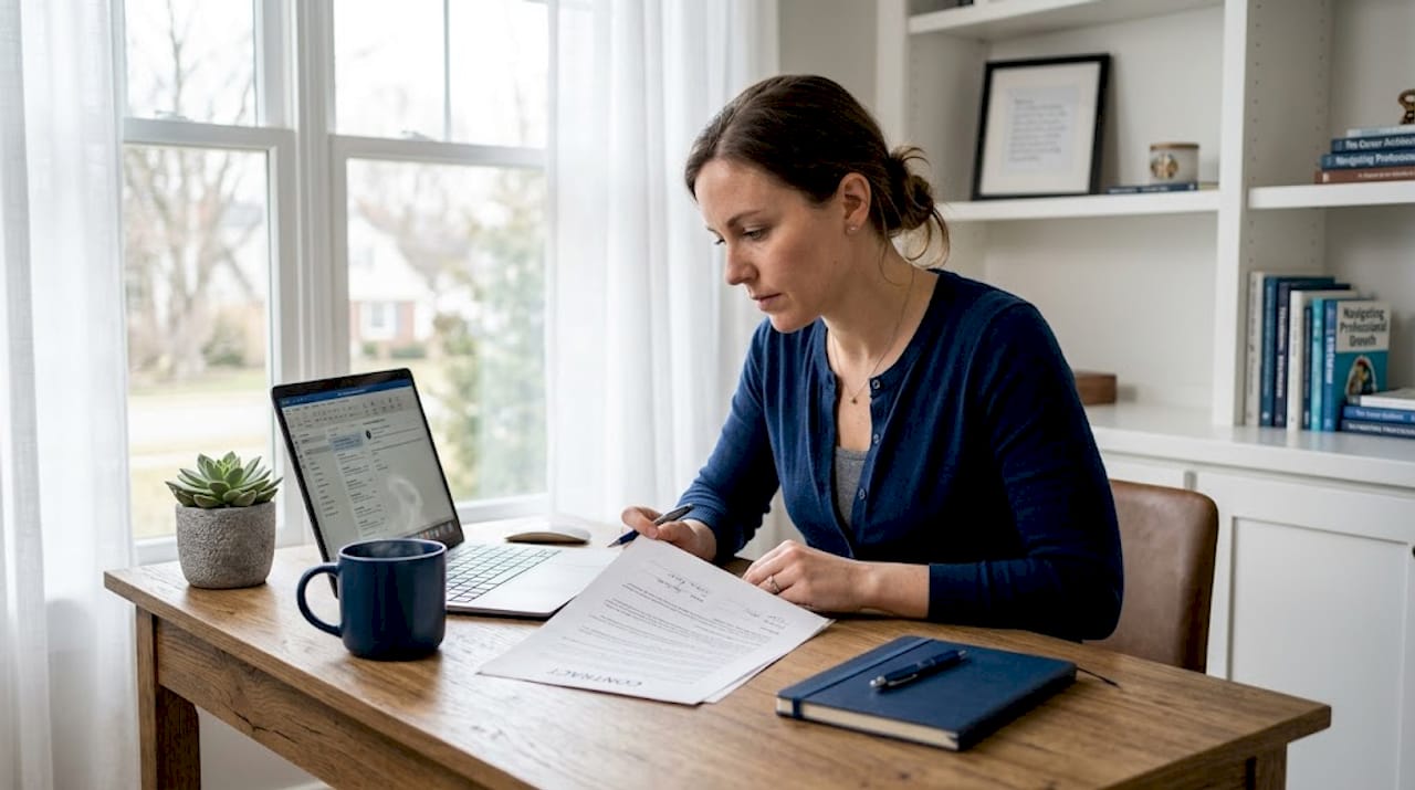 Professional reviewing contract documents at workspace