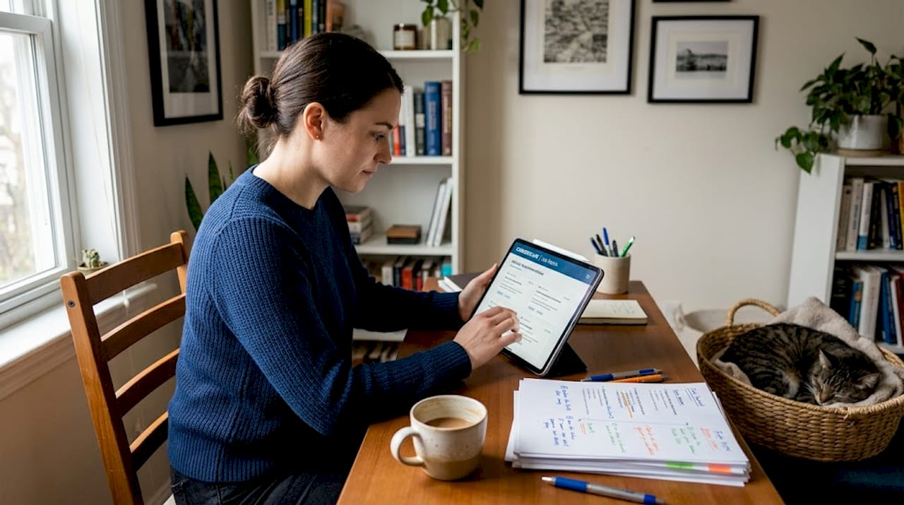 Job seeker researching with tablet and notes