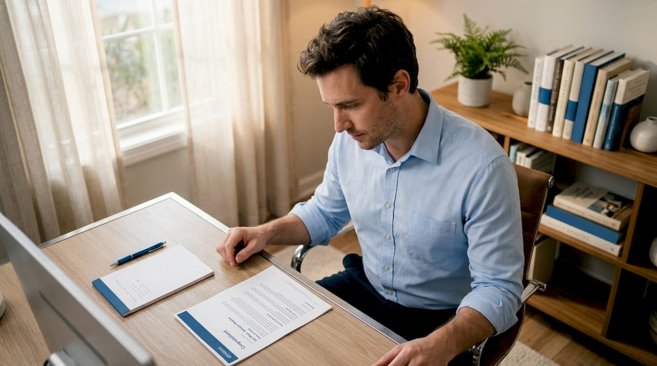 Candidate reviewing job offer at open workspace desk