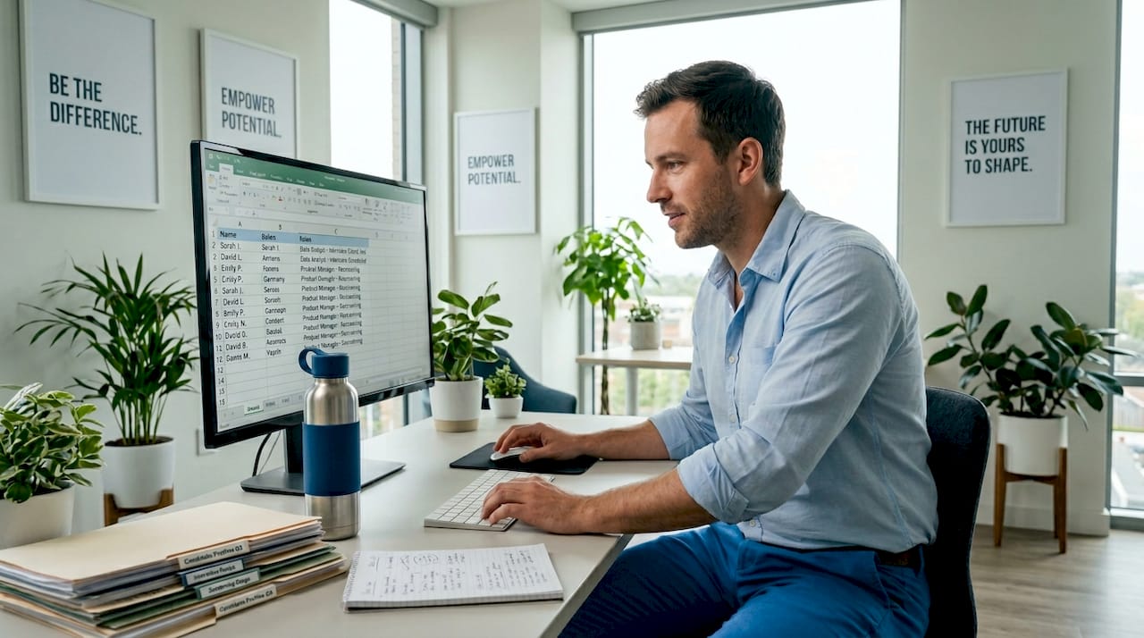 Recruiter reviews hiring data at office desk
