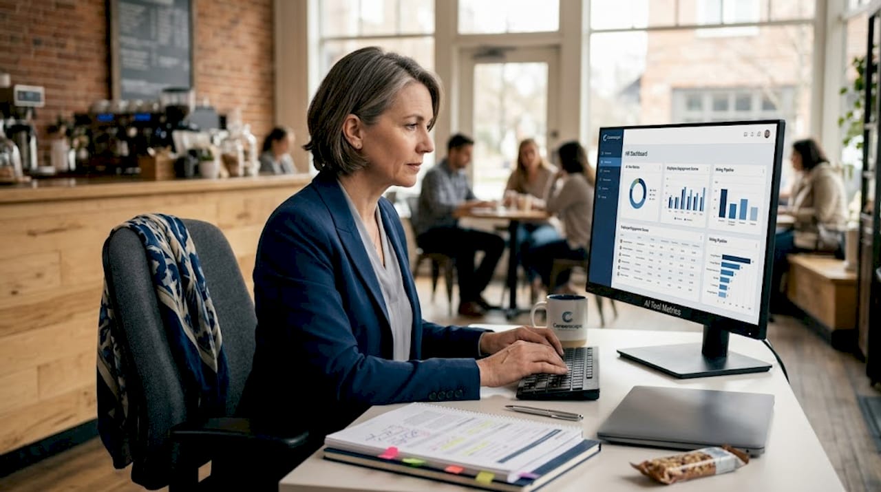 HR manager reviewing AI recruiting dashboard