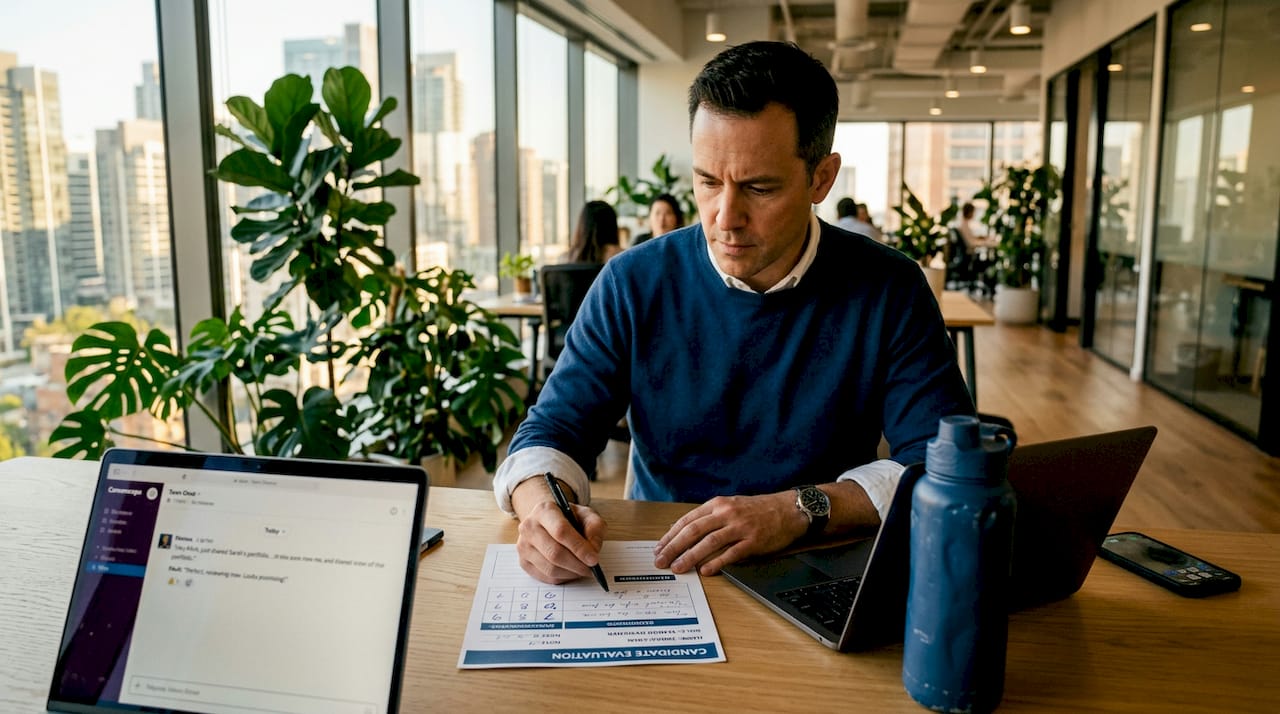 Team lead reviews candidate scorecard in office
