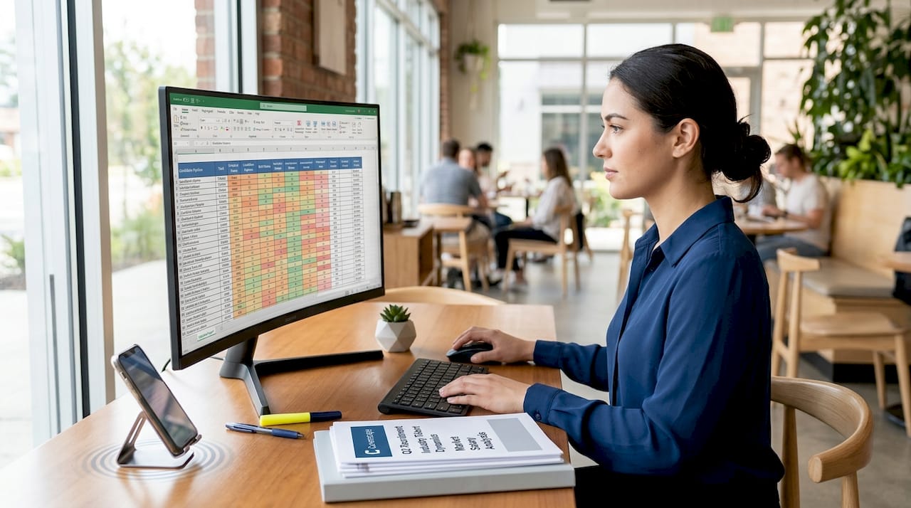 Recruiter analyzing talent data in open office