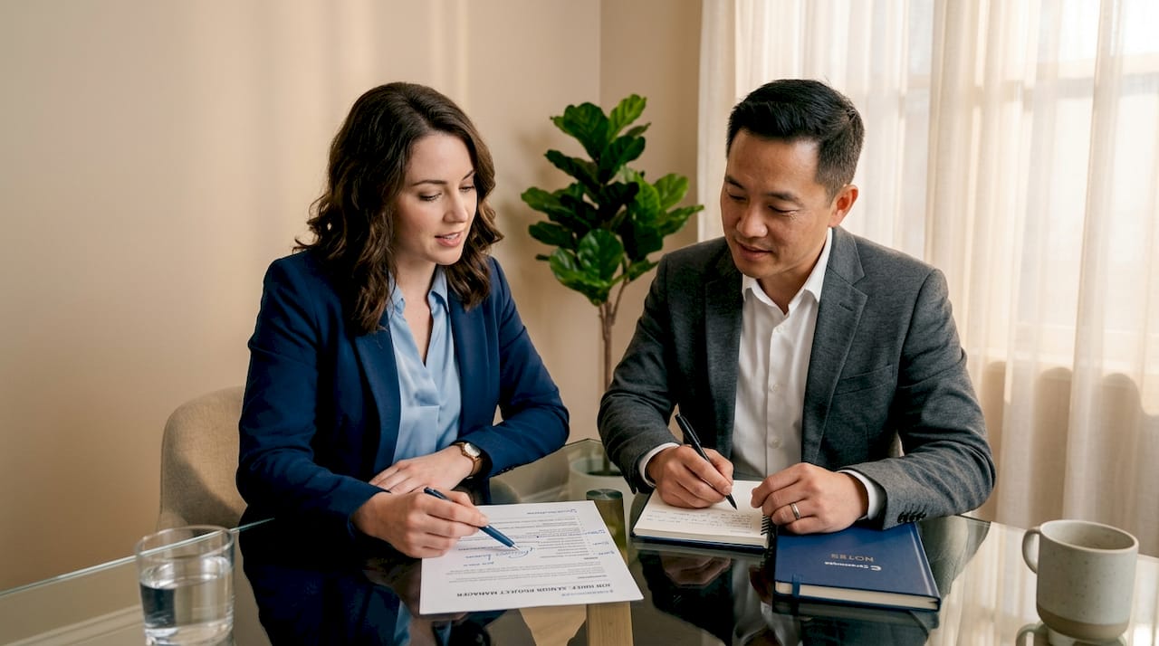 Two recruiters reviewing structured job brief in meeting