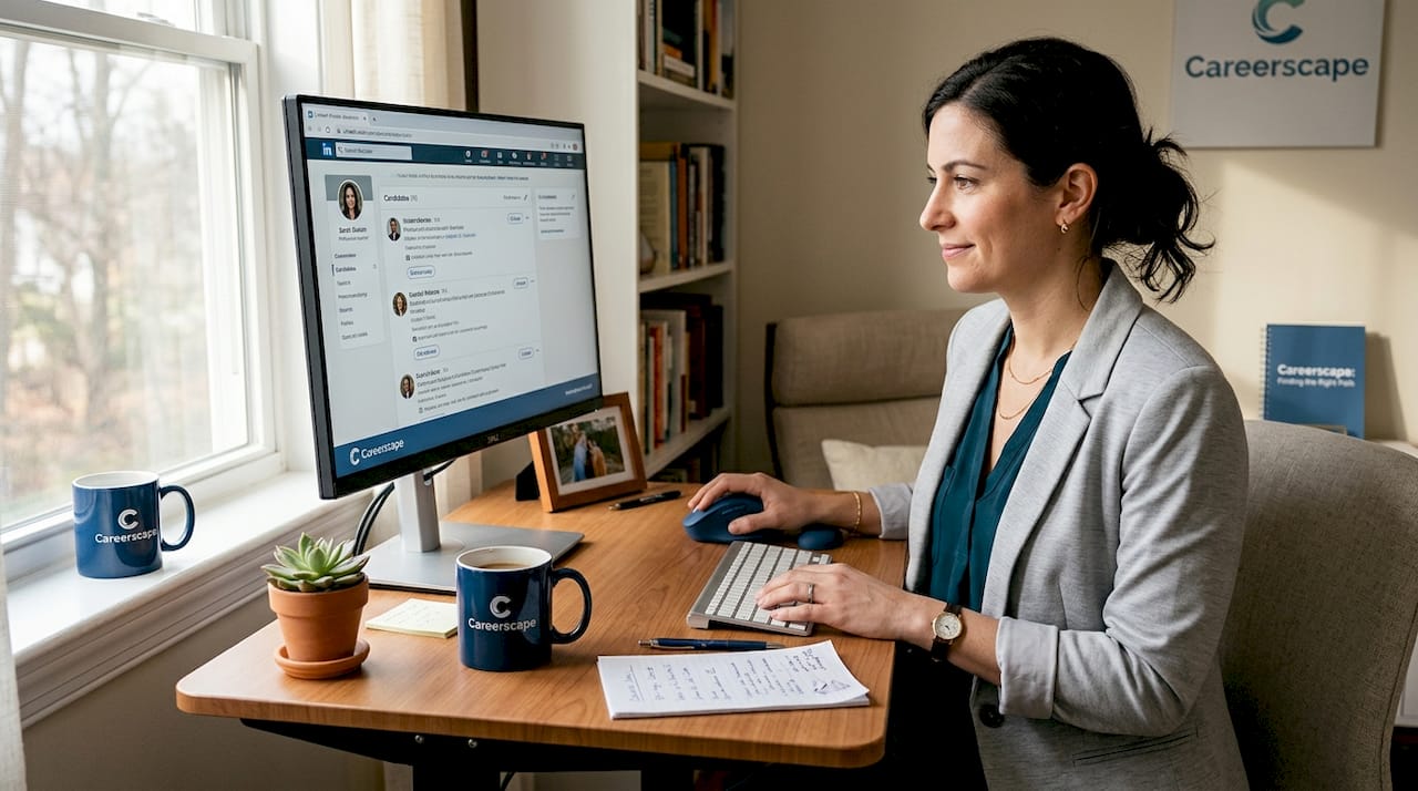 Talent sourcer reviewing candidate profiles at standing desk