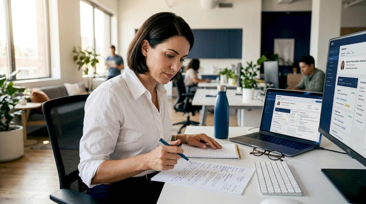 Recruiter reviewing resume at desk