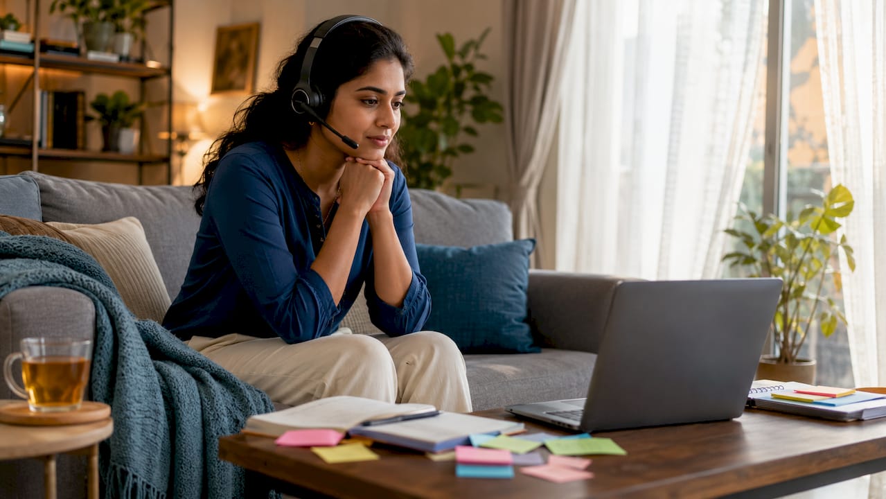 Candidate attending virtual job fair from home office