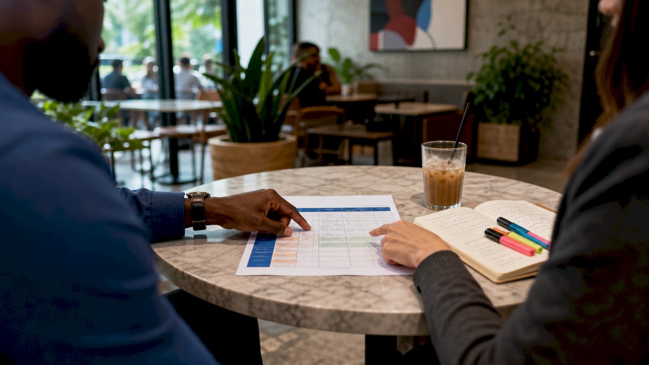 Close-up of hands evaluating leadership decision matrix