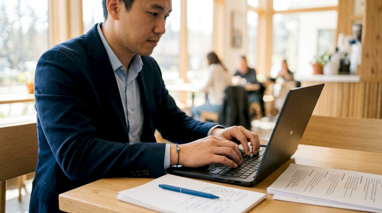Recruiter typing on keyboard, job descriptions nearby