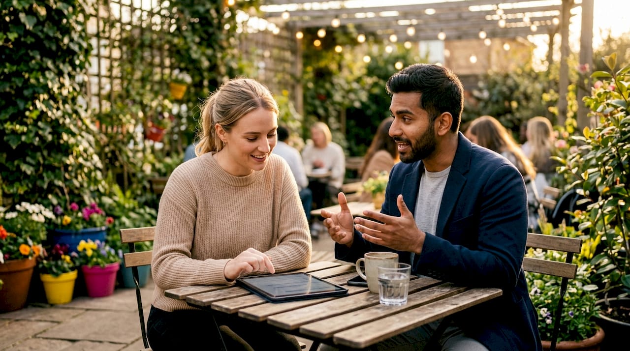 Two employees discussing referral submission process