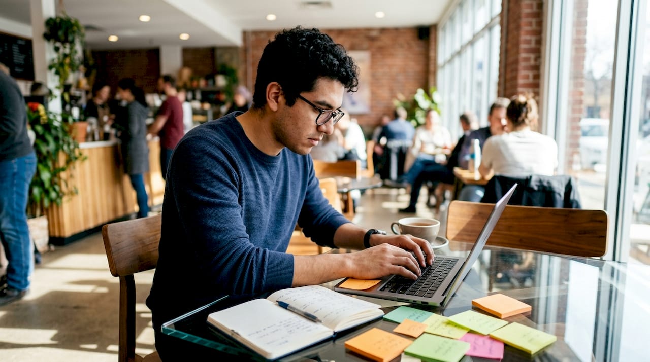 Man entering job requisition details on laptop