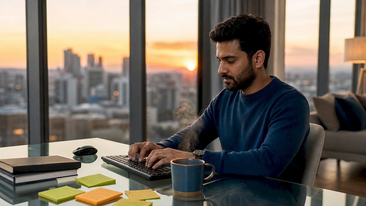 Hands typing on keyboard with coding workspace