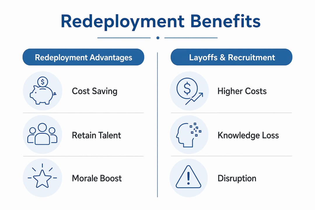 Infographic comparing redeployment benefits versus layoffs and recruitment