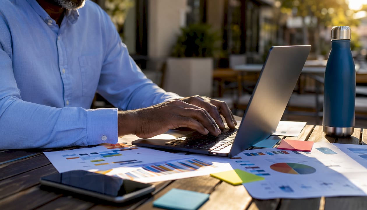 Recruiter typing on laptop with cost charts nearby