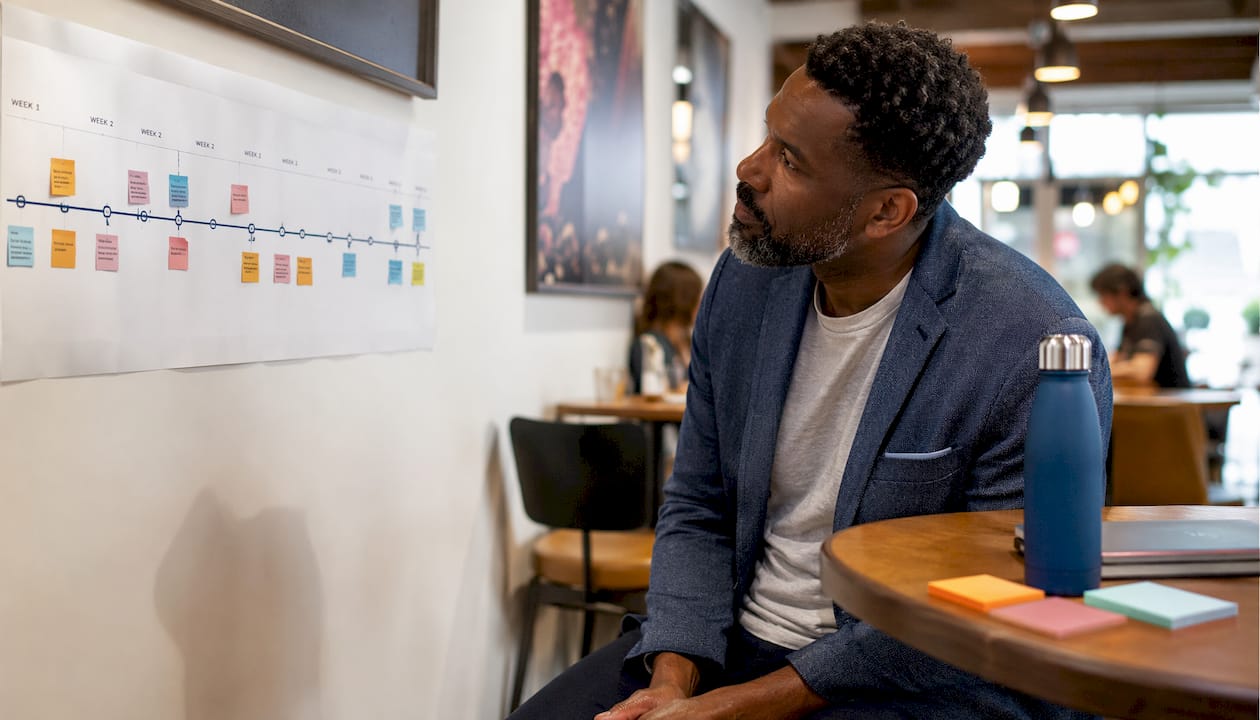 Man reviewing remote job search timeline in co-working space
