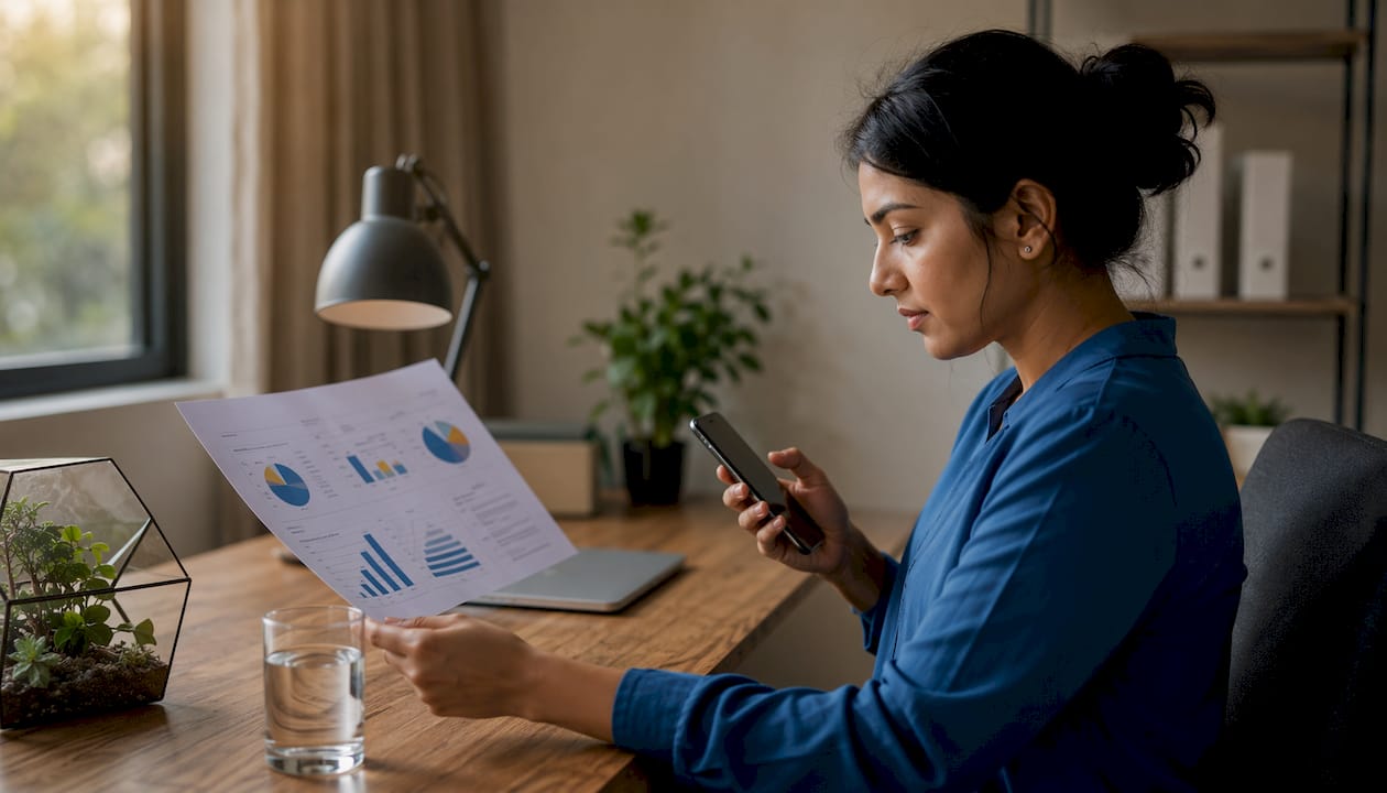 Woman reviewing AI-assisted SEO reports at desk