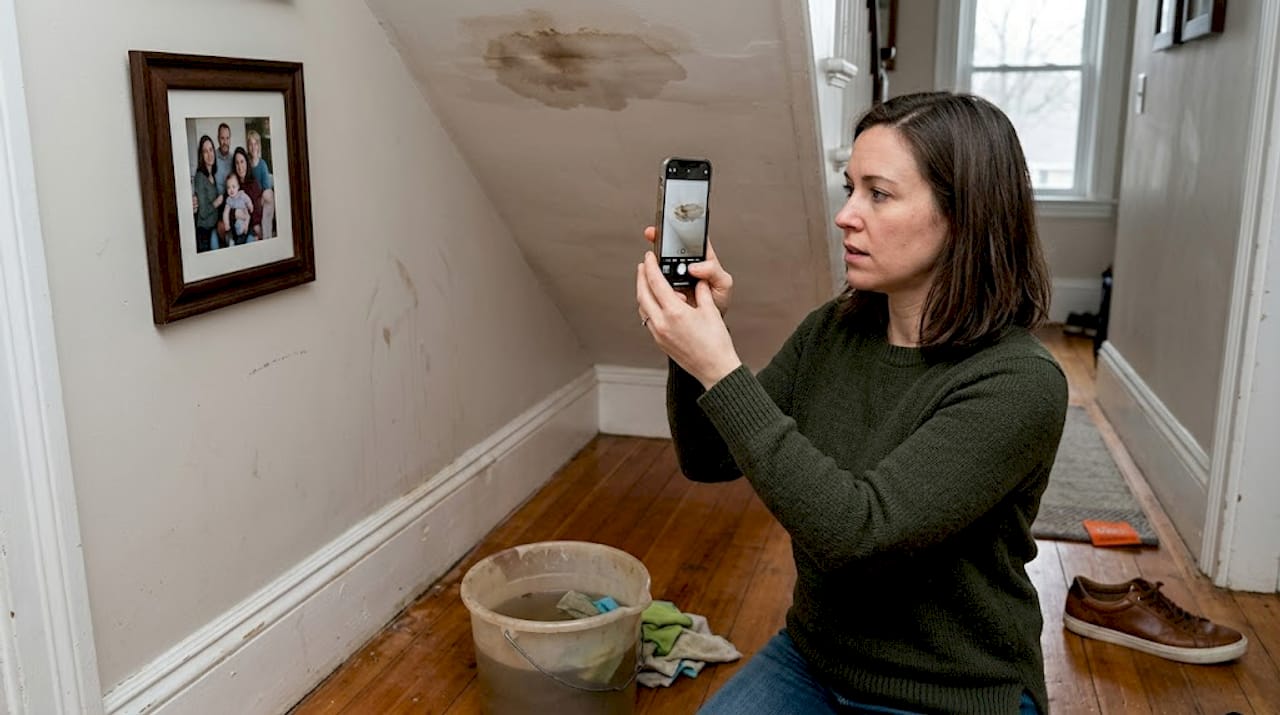 Woman photographing water damage for records