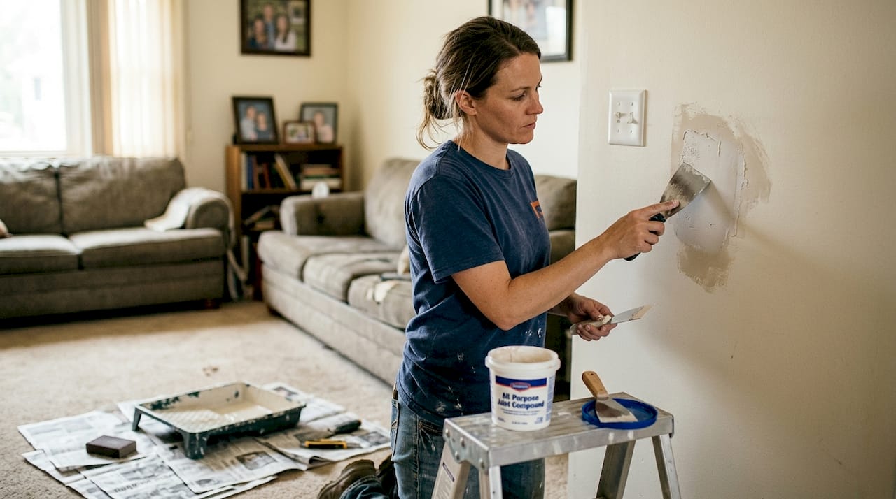 Woman patching drywall hole living room