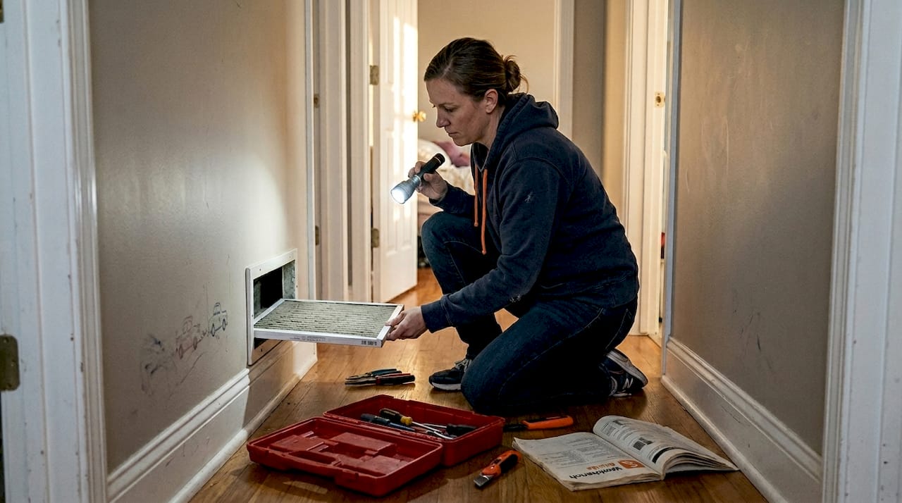 Woman changing air filter in hallway vent