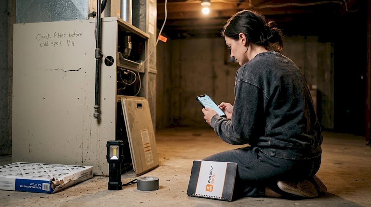 Person checking basement furnace maintenance tasks