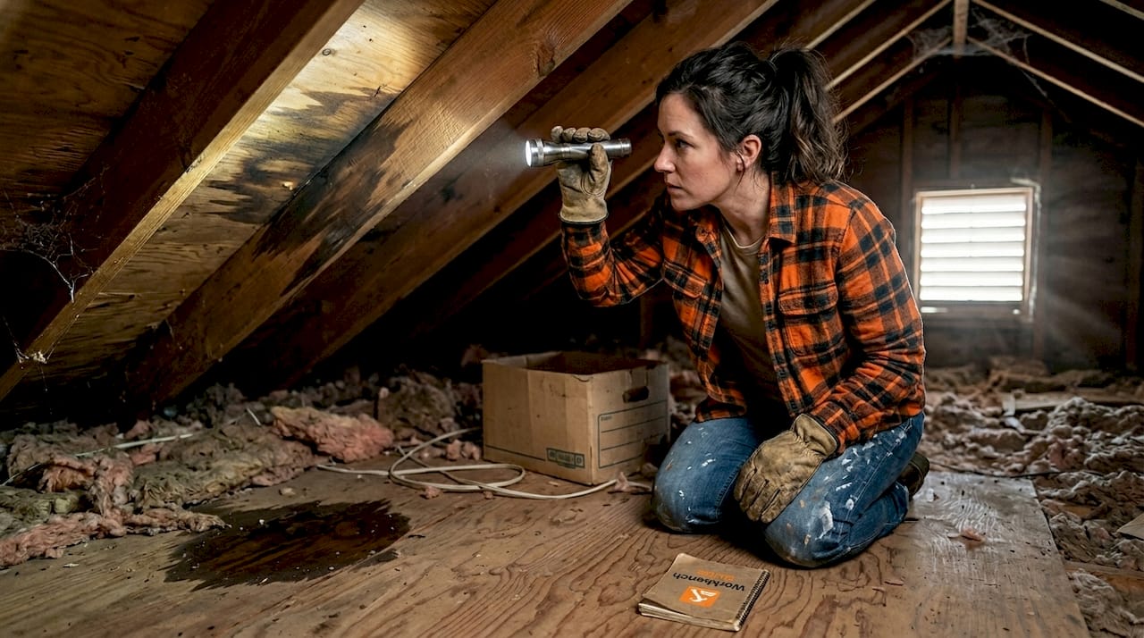 Woman checks attic for roof leaks
