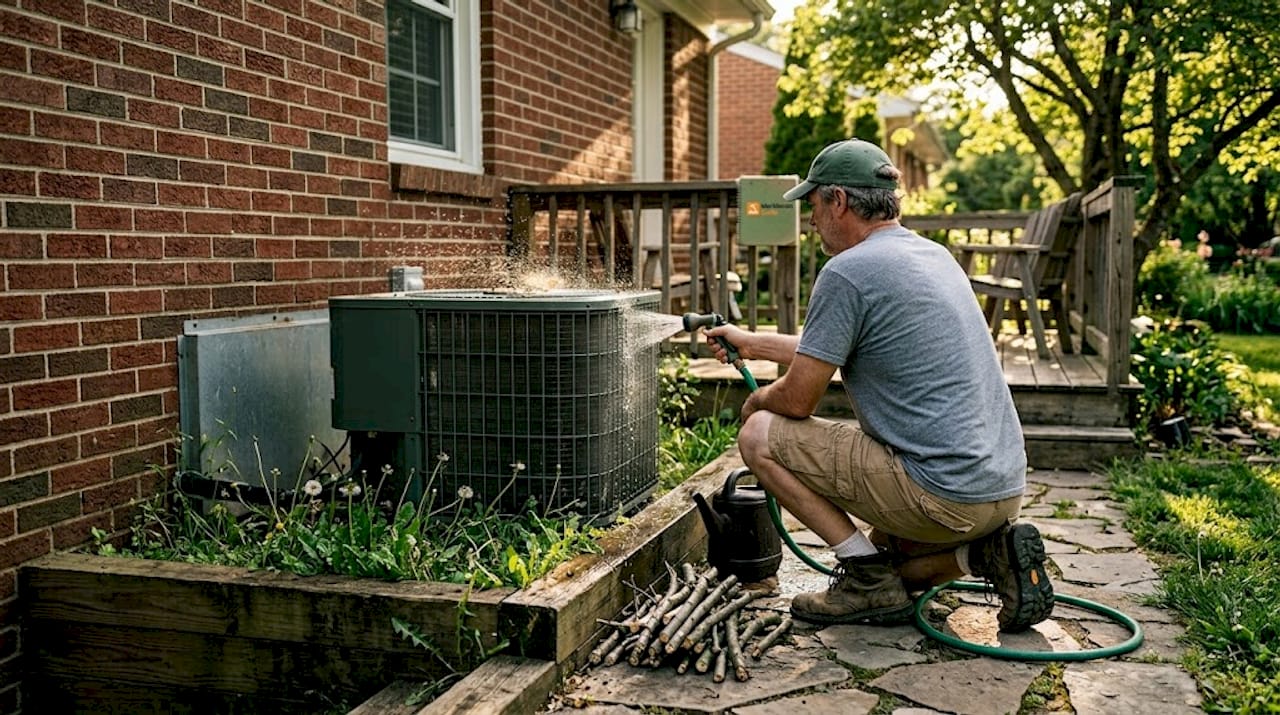 Homeowner rinsing outdoor HVAC condenser unit