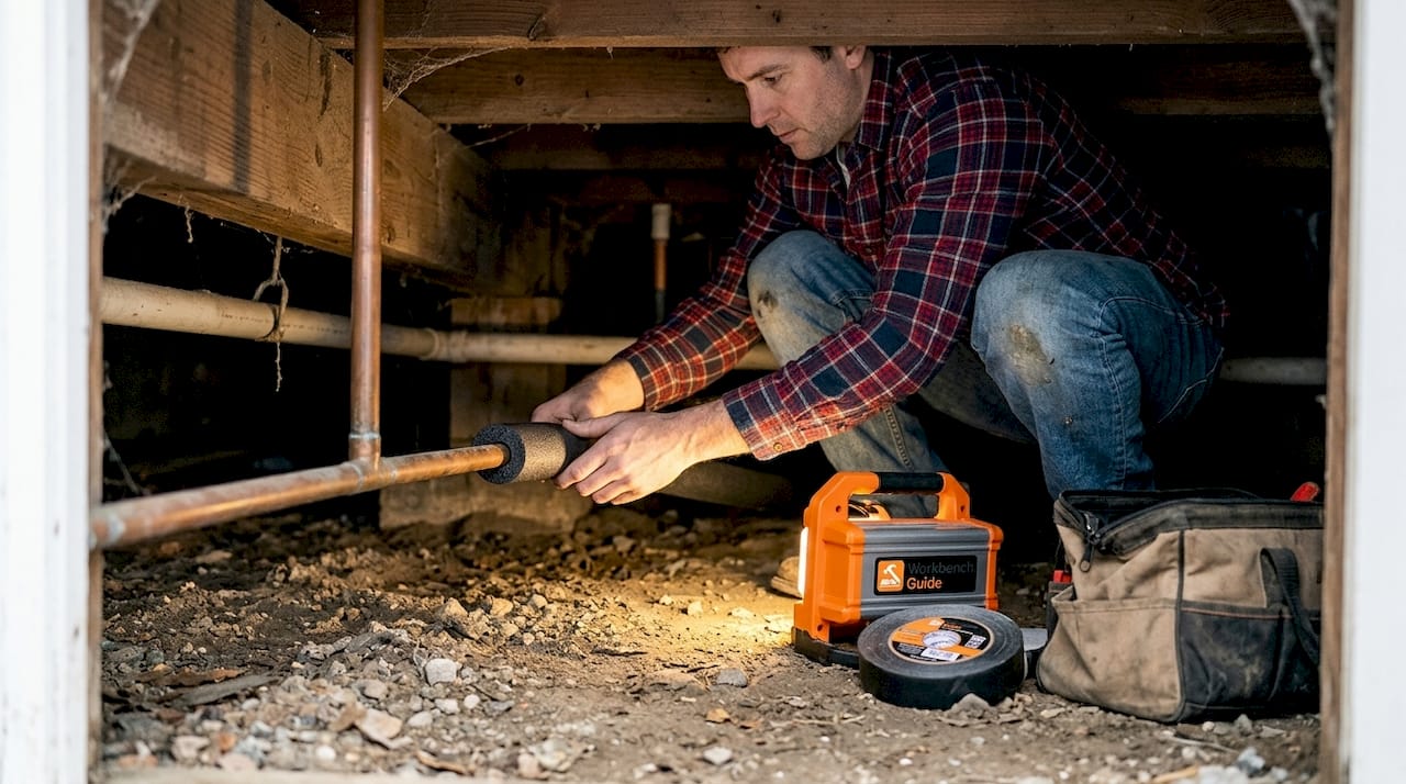 Homeowner insulating pipes in crawlspace
