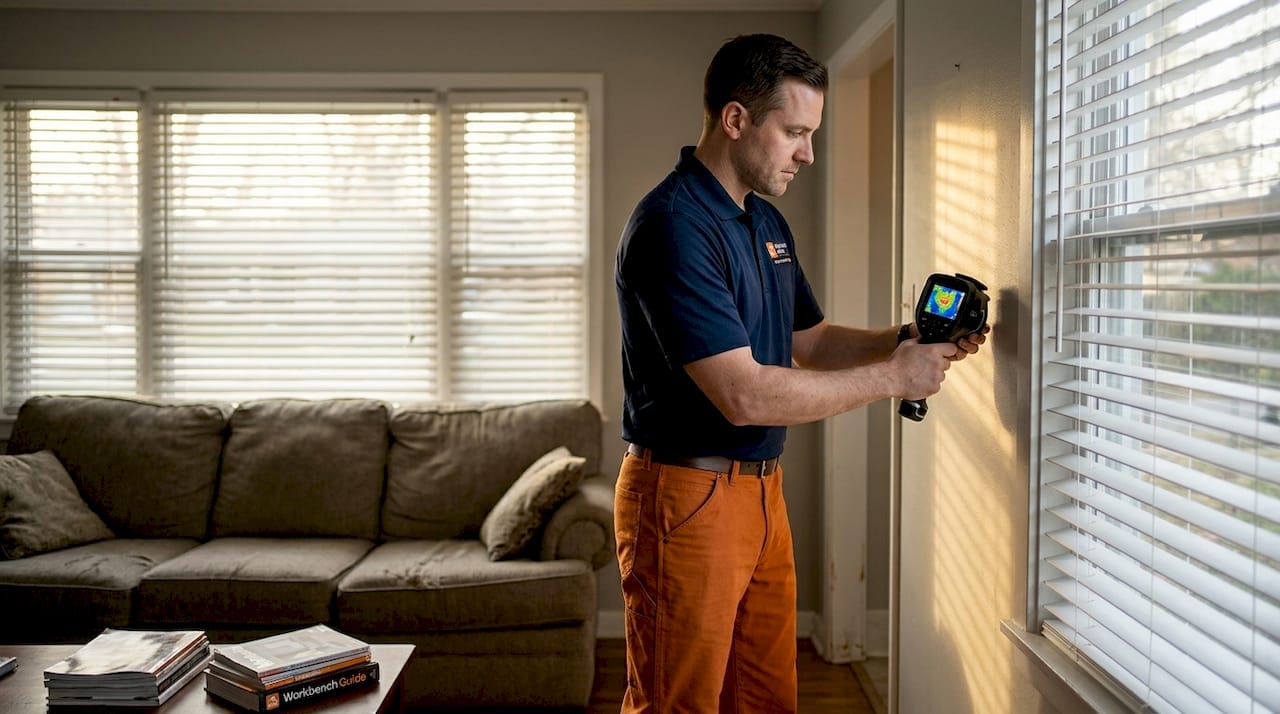 Auditor scanning wall with thermal camera
