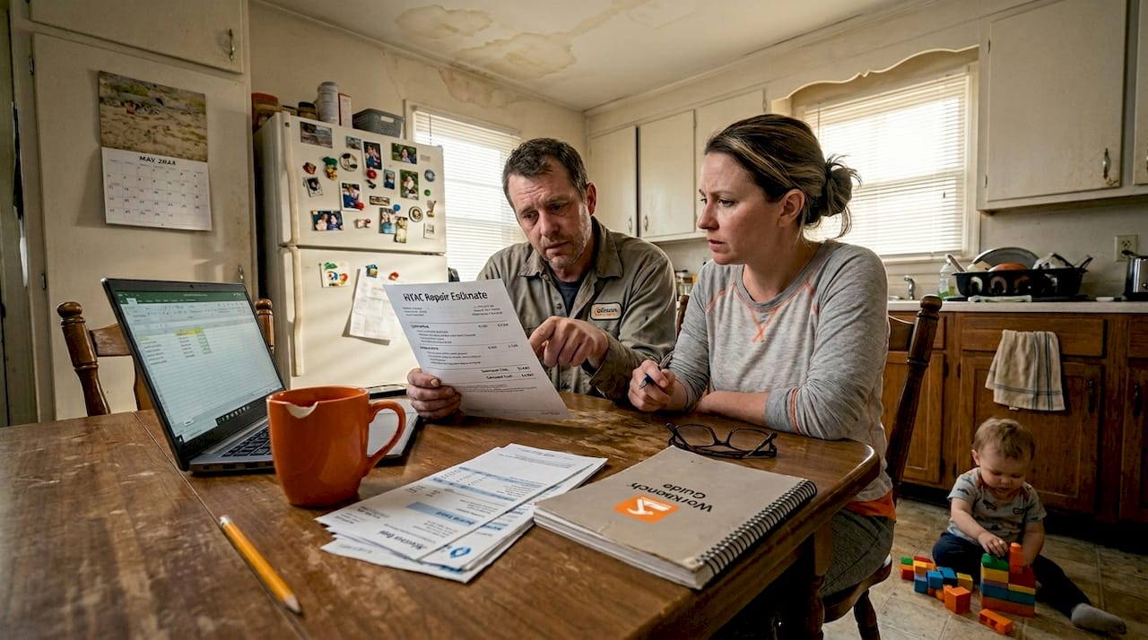 Family considering HVAC repair costs at home