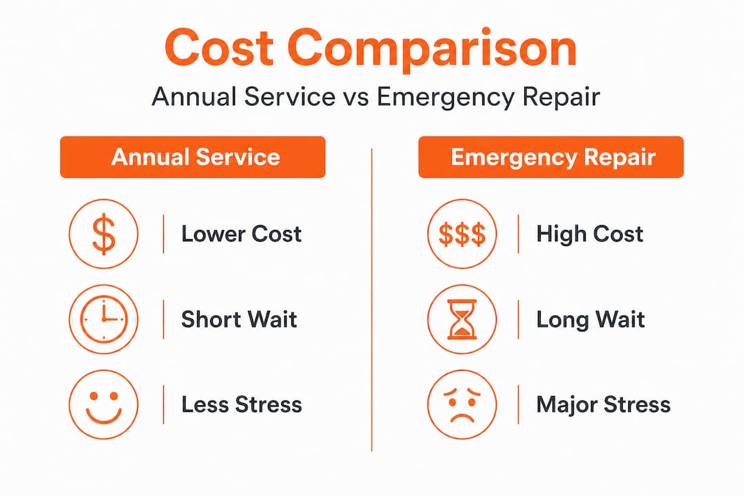 Infographic comparing annual HVAC service and emergency repairs