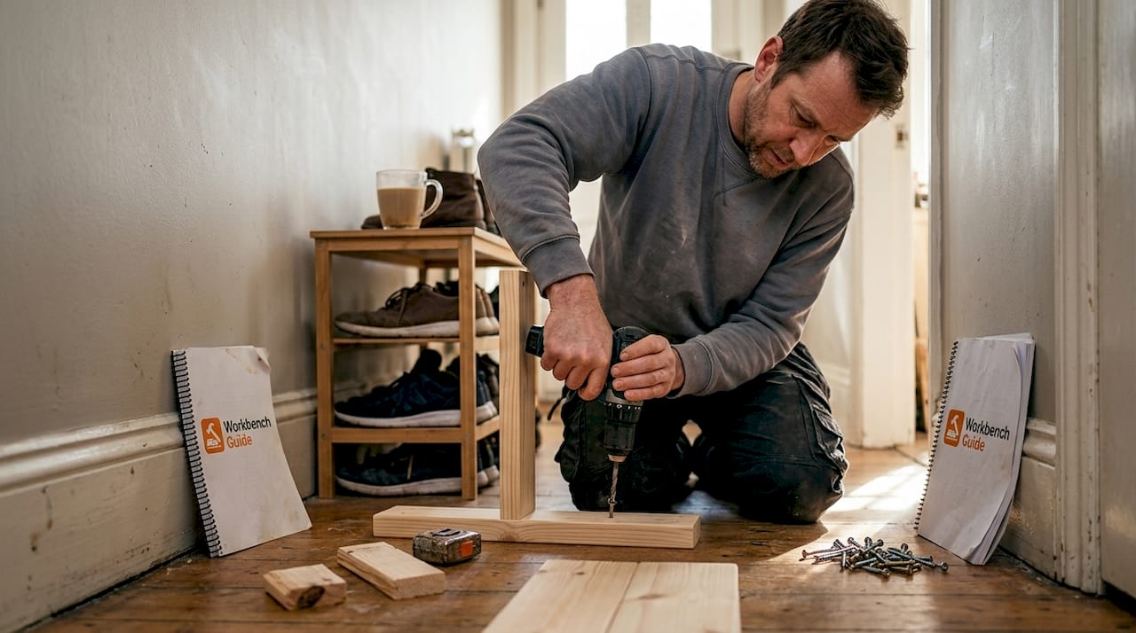 Man assembling wooden hall tree indoor