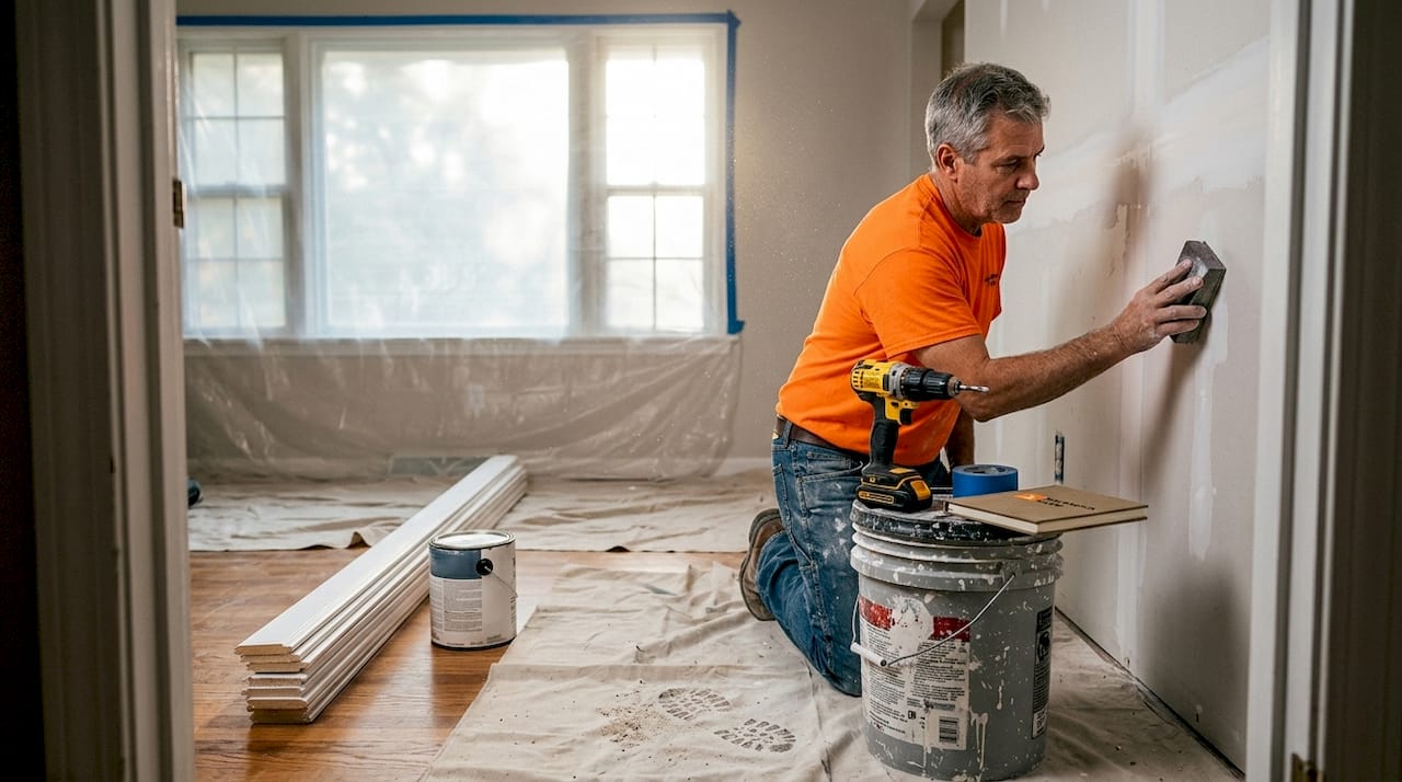 Contractor sanding drywall in mid-renovation living room