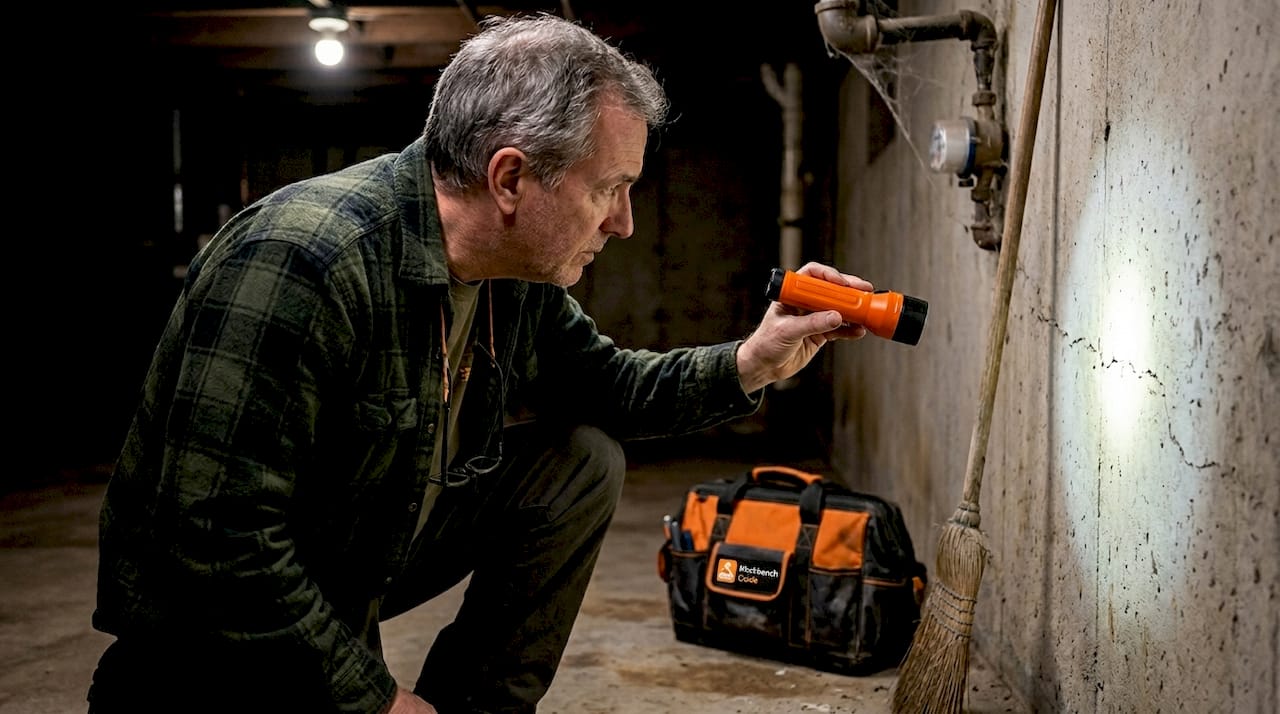 Homeowner inspecting basement for cracks and damage