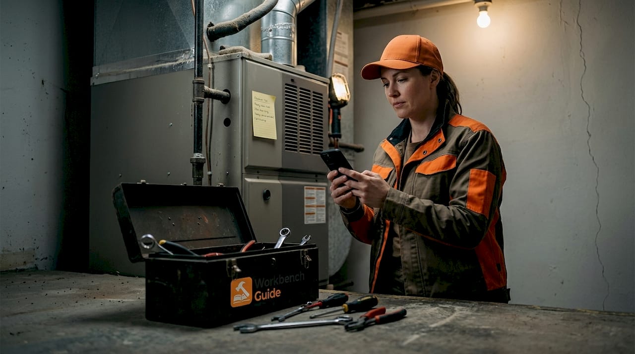 Homeowner inspecting HVAC system with checklist